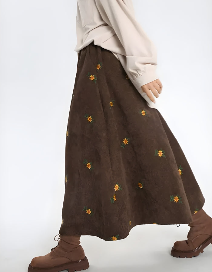 Stylish Work Outfits, Outfit Summer Ideas Sunflower Embroidered Corduroy Maxi Skirt Stylish Work Outfits, Outfit Summer Ideas Sunflower Embroidered Corduroy Maxi Skirt