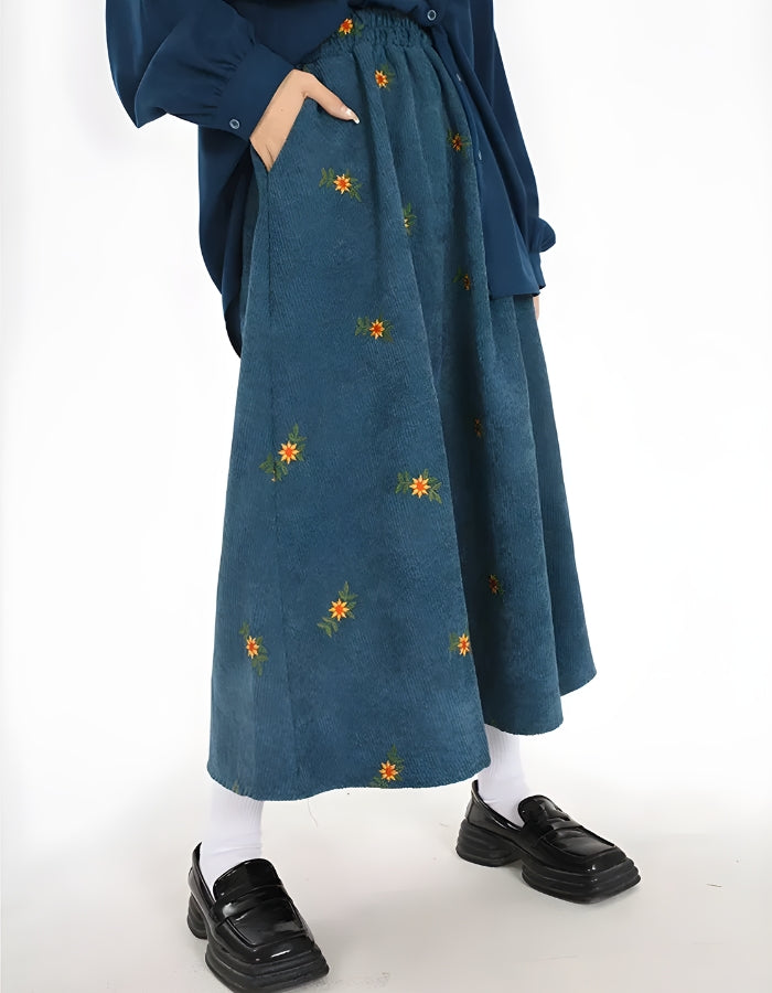 Stylish Work Outfits, Outfit Summer Ideas Sunflower Embroidered Corduroy Maxi Skirt Stylish Work Outfits, Outfit Summer Ideas Sunflower Embroidered Corduroy Maxi Skirt