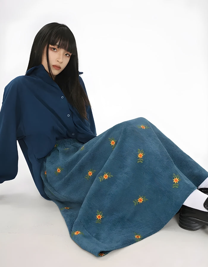 Stylish Work Outfits, Outfit Summer Ideas Sunflower Embroidered Corduroy Maxi Skirt Stylish Work Outfits, Outfit Summer Ideas Sunflower Embroidered Corduroy Maxi Skirt