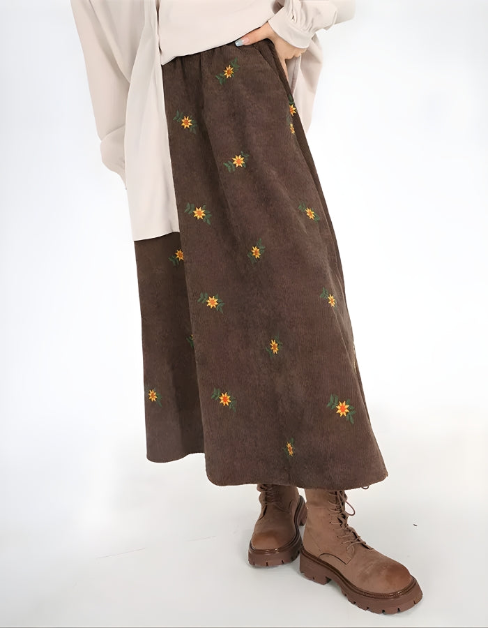 Stylish Work Outfits, Outfit Summer Ideas Sunflower Embroidered Corduroy Maxi Skirt Stylish Work Outfits, Outfit Summer Ideas Sunflower Embroidered Corduroy Maxi Skirt