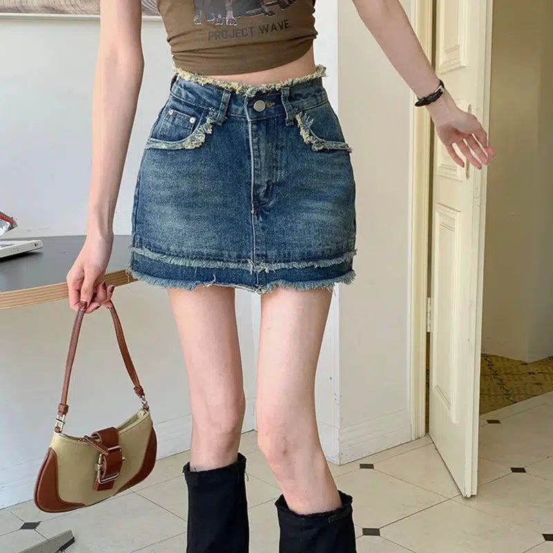 Stylish Work Outfits, Outfit Summer Ideas Tasseled Denim Mini Skort