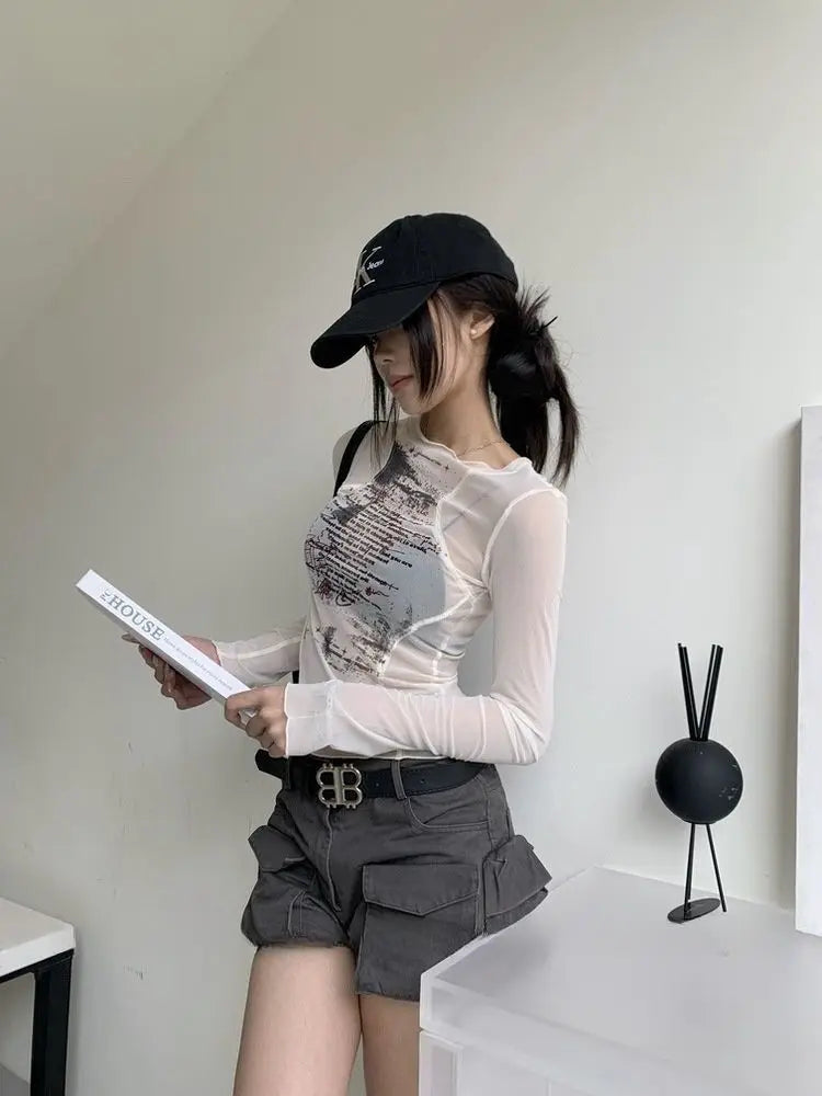 Stylish Work Outfits, Outfit Summer Ideas Text Print Sheer Mesh Top Stylish Work Outfits, Outfit Summer Ideas Text Print Sheer Mesh Top