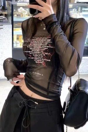Stylish Work Outfits, Outfit Summer Ideas Text Print Sheer Mesh Top