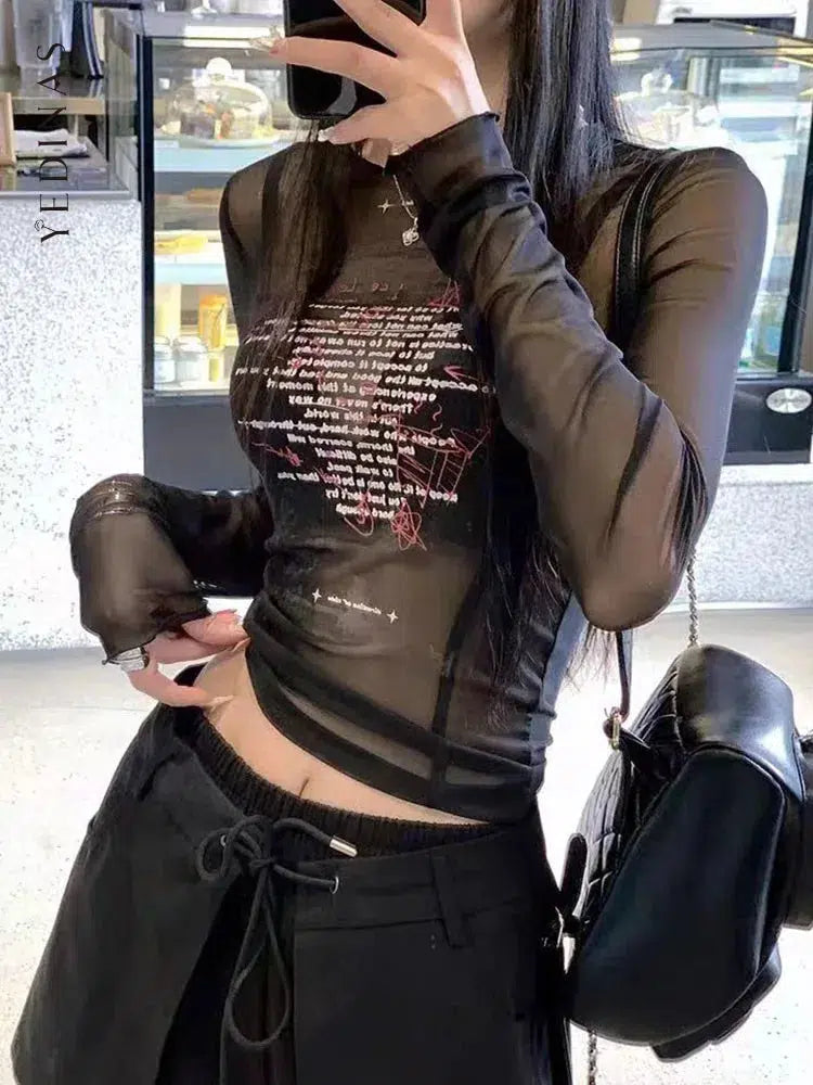 Stylish Work Outfits, Outfit Summer Ideas Text Print Sheer Mesh Top Stylish Work Outfits, Outfit Summer Ideas Text Print Sheer Mesh Top