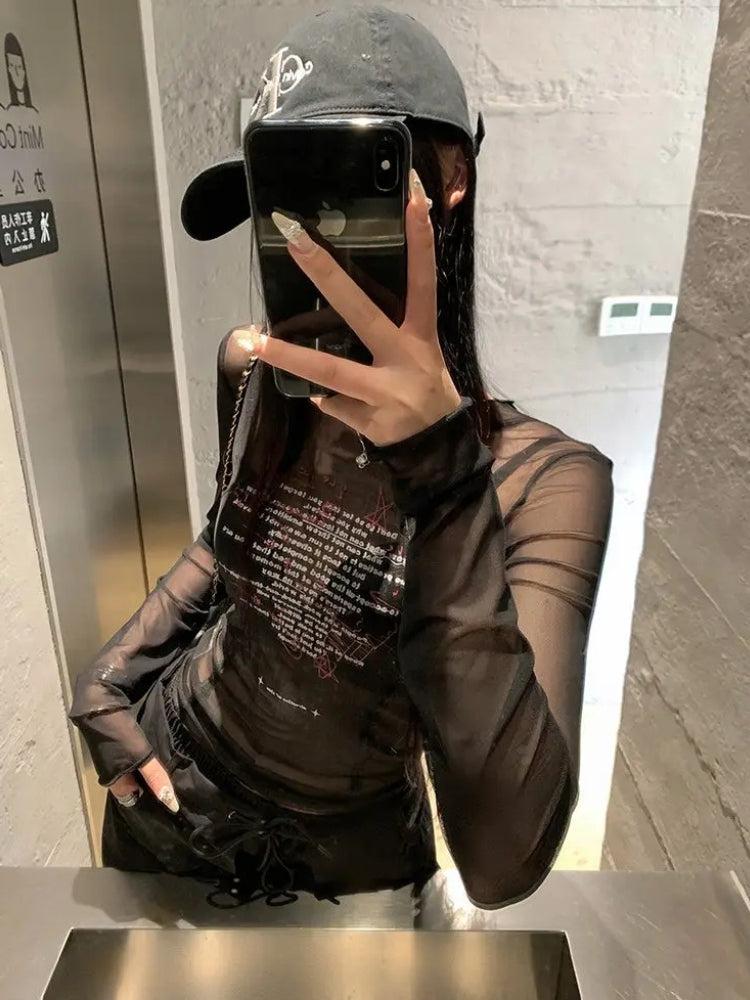 Stylish Work Outfits, Outfit Summer Ideas Text Print Sheer Mesh Top Stylish Work Outfits, Outfit Summer Ideas Text Print Sheer Mesh Top