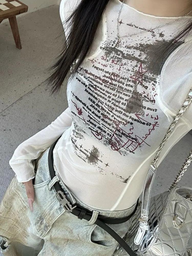Stylish Work Outfits, Outfit Summer Ideas Text Print Sheer Mesh Top Stylish Work Outfits, Outfit Summer Ideas Text Print Sheer Mesh Top