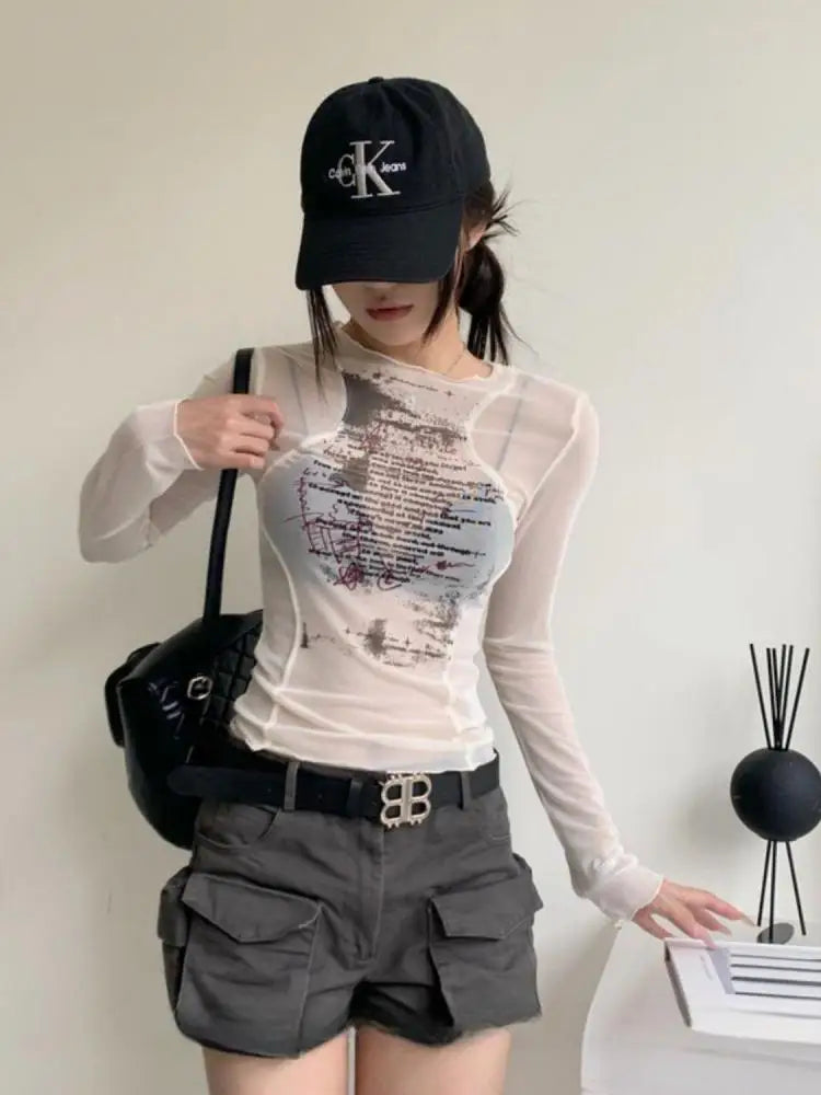 Stylish Work Outfits, Outfit Summer Ideas Text Print Sheer Mesh Top Stylish Work Outfits, Outfit Summer Ideas Text Print Sheer Mesh Top