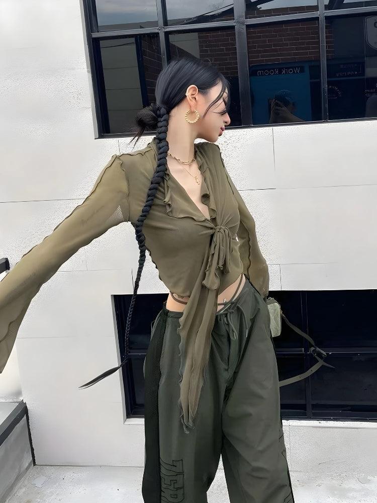 Stylish Work Outfits, Outfit Summer Ideas Tie Front Mesh Top Stylish Work Outfits, Outfit Summer Ideas Tie Front Mesh Top