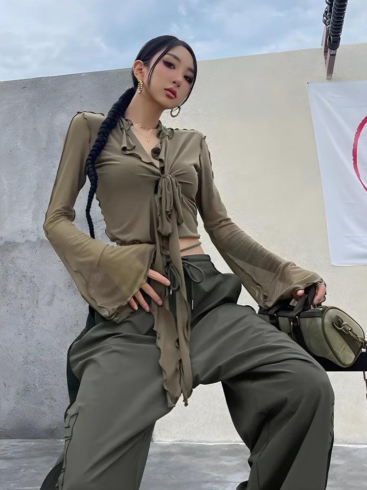 Stylish Work Outfits, Outfit Summer Ideas Tie Front Mesh Top Stylish Work Outfits, Outfit Summer Ideas Tie Front Mesh Top