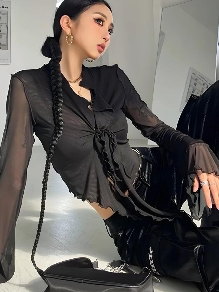 Stylish Work Outfits, Outfit Summer Ideas Tie Front Mesh Top