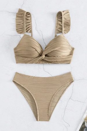 Stylish Work Outfits, Outfit Summer Ideas Twisted Bust Ruffled Straps Bikini Set