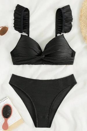 Stylish Work Outfits, Outfit Summer Ideas Twisted Bust Ruffled Straps Bikini Set