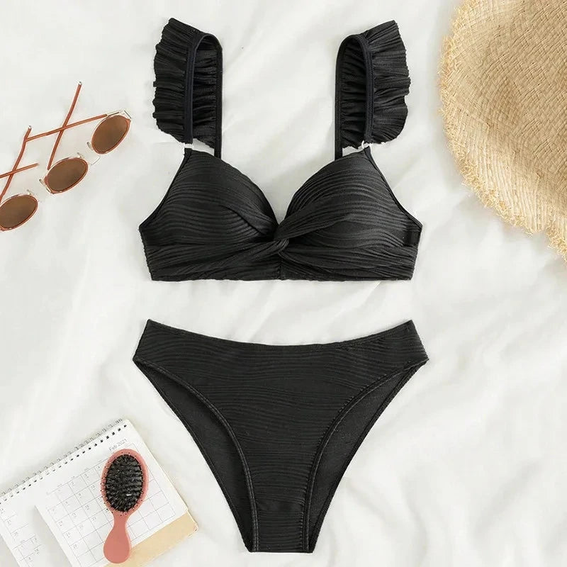 Stylish Work Outfits, Outfit Summer Ideas Twisted Bust Ruffled Straps Bikini Set Stylish Work Outfits, Outfit Summer Ideas Twisted Bust Ruffled Straps Bikini Set