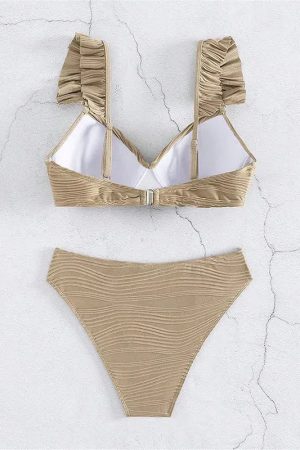 Stylish Work Outfits, Outfit Summer Ideas Twisted Bust Ruffled Straps Bikini Set