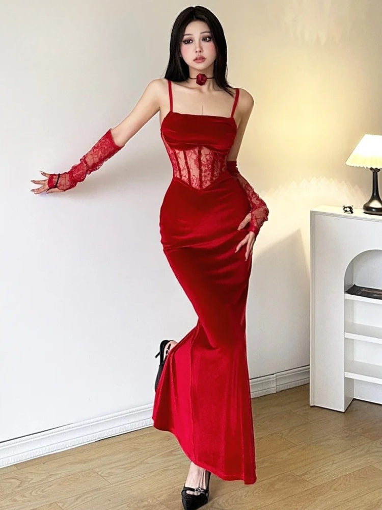 Stylish Work Outfits, Outfit Summer Ideas Velvet Lace Maxi Dress