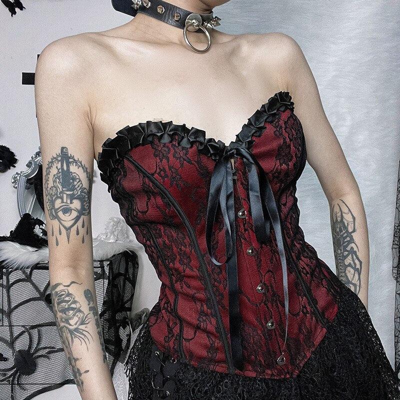 Stylish Work Outfits, Outfit Summer Ideas Victorian Goth Ribbon Detailed Corset Top Stylish Work Outfits, Outfit Summer Ideas Victorian Goth Ribbon Detailed Corset Top