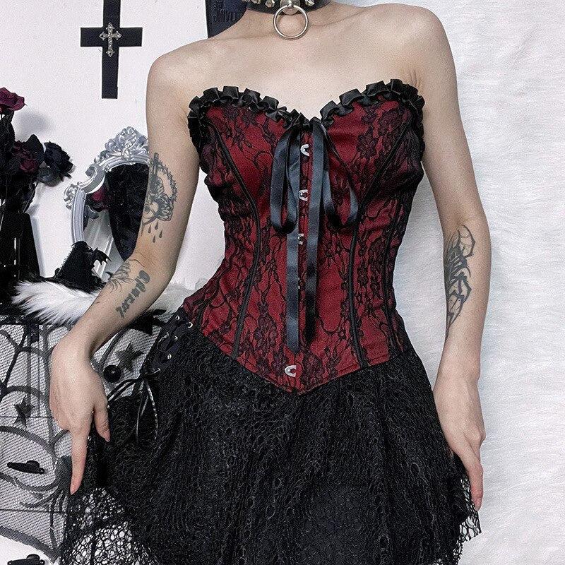 Stylish Work Outfits, Outfit Summer Ideas Victorian Goth Ribbon Detailed Corset Top Stylish Work Outfits, Outfit Summer Ideas Victorian Goth Ribbon Detailed Corset Top
