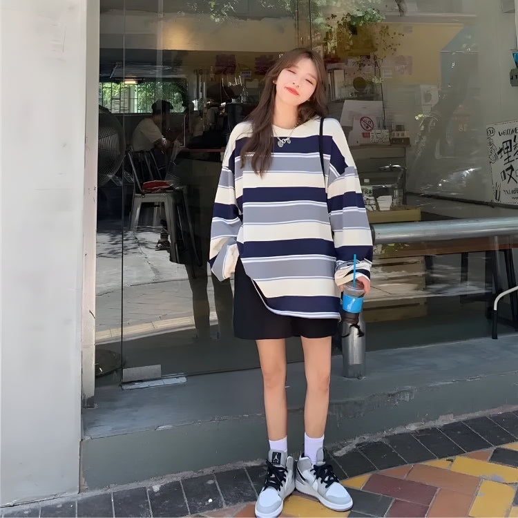 Stylish Work Outfits, Outfit Summer Ideas Vintage Casual Striped Sweatshirt Stylish Work Outfits, Outfit Summer Ideas Vintage Casual Striped Sweatshirt