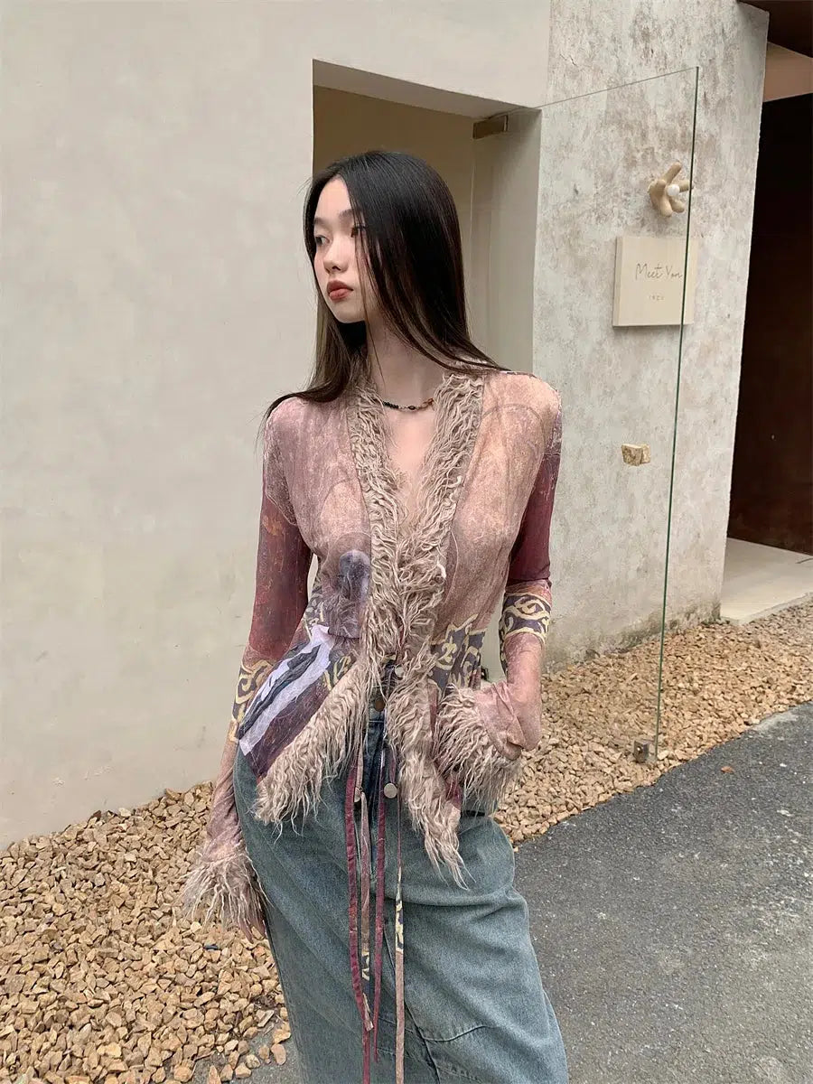 Stylish Work Outfits, Outfit Summer Ideas Vintage Faux Fur Detailed Lace Up Top