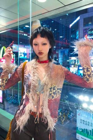 Stylish Work Outfits, Outfit Summer Ideas Vintage Faux Fur Tie Front Top