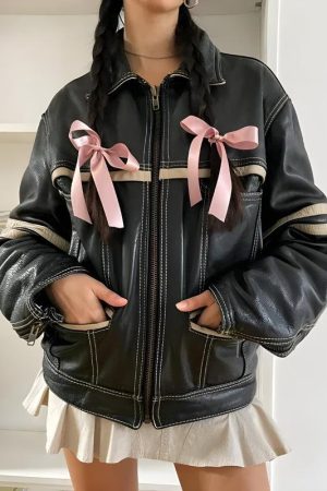 Stylish Work Outfits, Outfit Summer Ideas Vintage Grunge Biker Zip-Up Faux Leather Jacket