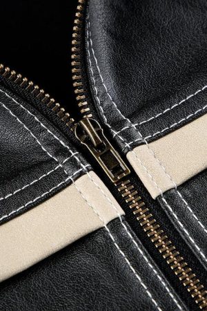 Stylish Work Outfits, Outfit Summer Ideas Vintage Grunge Biker Zip-Up Faux Leather Jacket
