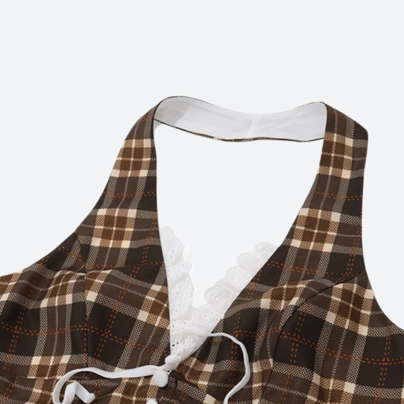 Stylish Work Outfits, Outfit Summer Ideas Vintage Plaid Halter Neck Top Stylish Work Outfits, Outfit Summer Ideas Vintage Plaid Halter Neck Top