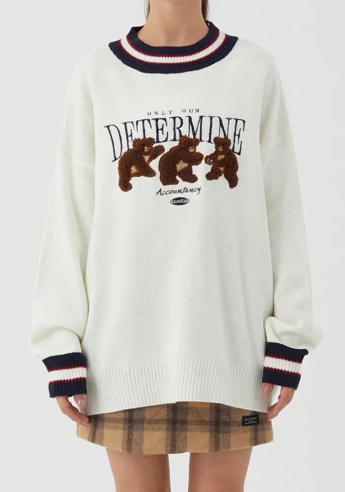 Stylish Work Outfits, Outfit Summer Ideas Vintage Teddy Embroidered Knitted Sweater