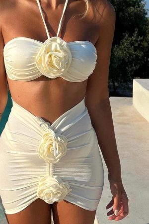 Stylish Work Outfits, Outfit Summer Ideas White Rose Three Piece Bikini Set