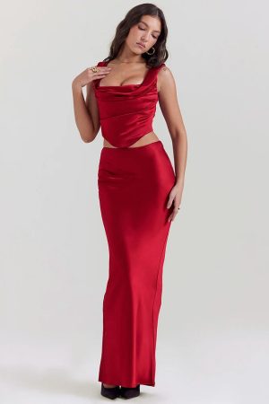 Stylish Work Outfits, Outfit Summer Ideas Wine Satin Corset Top & Maxi Skirt Two Piece Set