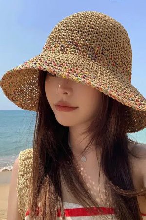 Stylish Work Outfits, Outfit Summer Ideas Woven Straw Bucket Hat