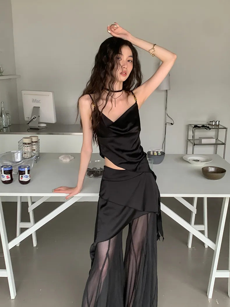 Stylish Work Outfits, Outfit Summer Ideas Y2K Asymmetric Top & Skirt Pants Two Piece Set