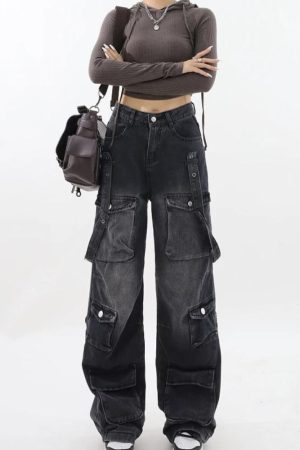 Stylish Work Outfits, Outfit Summer Ideas Y2K Belted Dark Wash Cargo Jeans