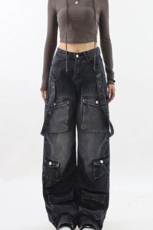 Stylish Work Outfits, Outfit Summer Ideas Y2K Belted Dark Wash Cargo Jeans