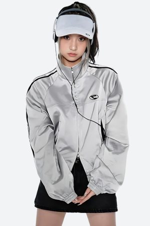 Stylish Work Outfits, Outfit Summer Ideas Y2K Cyberpunk Reflective Double Zip-Up Jacket