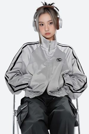 Stylish Work Outfits, Outfit Summer Ideas Y2K Cyberpunk Reflective Double Zip-Up Jacket