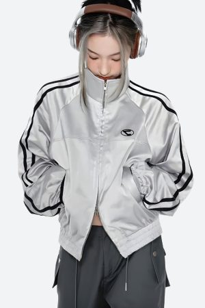 Stylish Work Outfits, Outfit Summer Ideas Y2K Cyberpunk Reflective Double Zip-Up Jacket