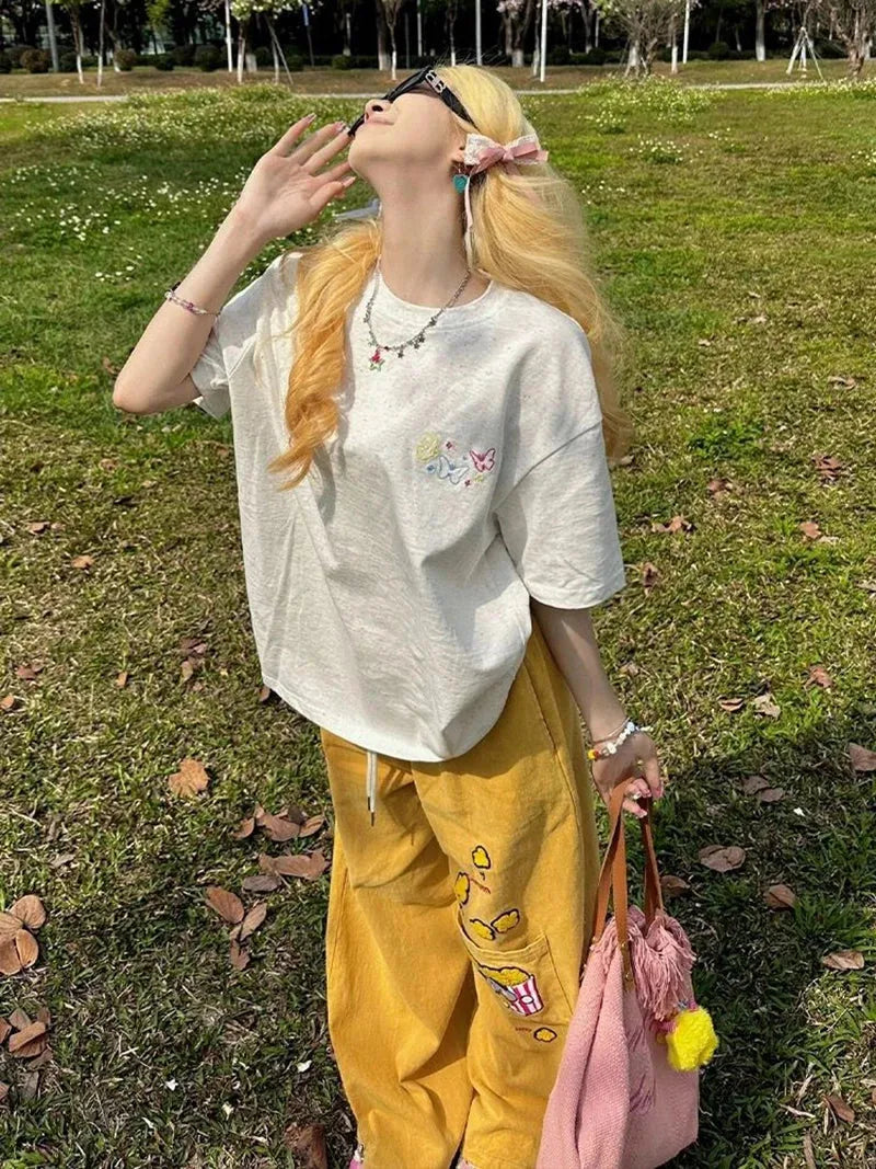 Stylish Work Outfits, Outfit Summer Ideas Y2K Embroidered Wide Leg Pants