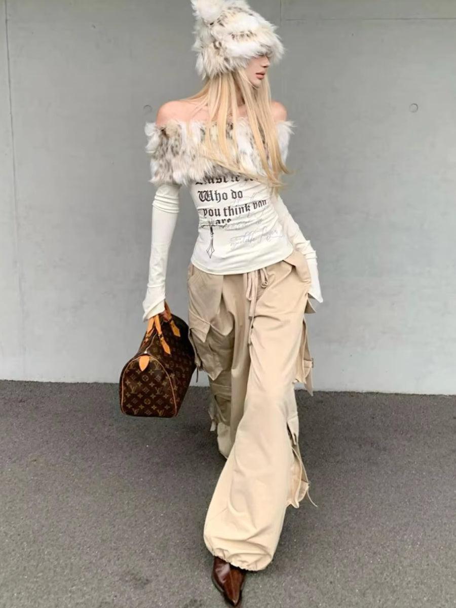 Stylish Work Outfits, Outfit Summer Ideas Y2K Faux Fur Collar Top Stylish Work Outfits, Outfit Summer Ideas Y2K Faux Fur Collar Top