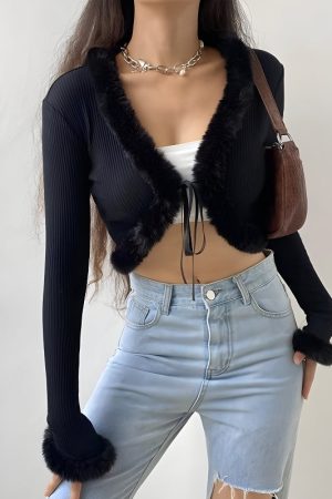 Stylish Work Outfits, Outfit Summer Ideas Y2K Faux Fur Corduroy Crop Cardigan