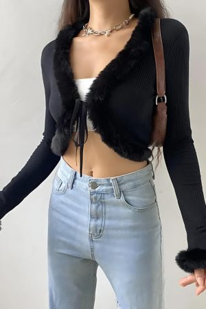 Stylish Work Outfits, Outfit Summer Ideas Y2K Faux Fur Corduroy Crop Cardigan