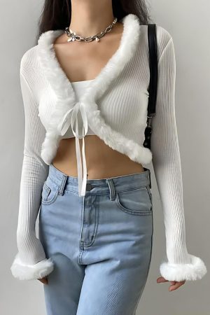 Stylish Work Outfits, Outfit Summer Ideas Y2K Faux Fur Corduroy Crop Cardigan
