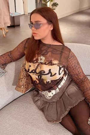 Stylish Work Outfits, Outfit Summer Ideas Y2K Fishnet Sleeve Mesh Top