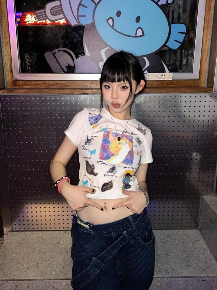 Stylish Work Outfits, Outfit Summer Ideas Y2K Graphic Cat Tee