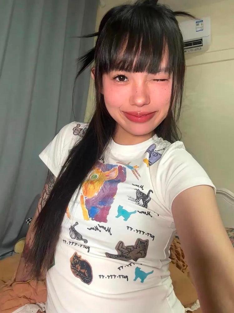 Stylish Work Outfits, Outfit Summer Ideas Y2K Graphic Cat Tee Stylish Work Outfits, Outfit Summer Ideas Y2K Graphic Cat Tee
