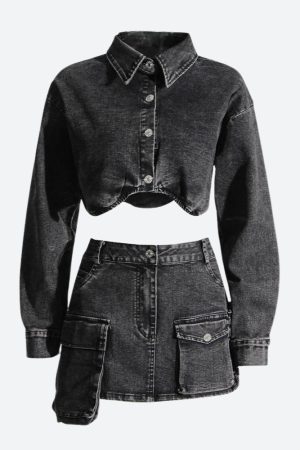 Stylish Work Outfits, Outfit Summer Ideas Y2K Grunge Denim Top & Skirt Two Piece Set