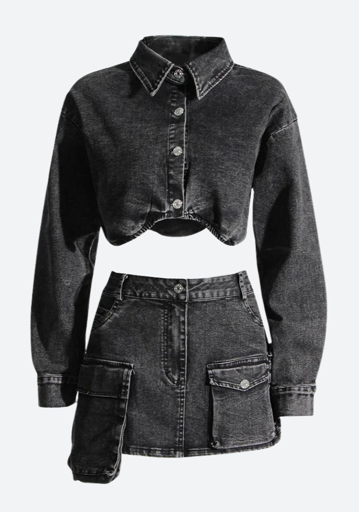 Stylish Work Outfits, Outfit Summer Ideas Y2K Grunge Denim Top & Skirt Two Piece Set Stylish Work Outfits, Outfit Summer Ideas Y2K Grunge Denim Top & Skirt Two Piece Set