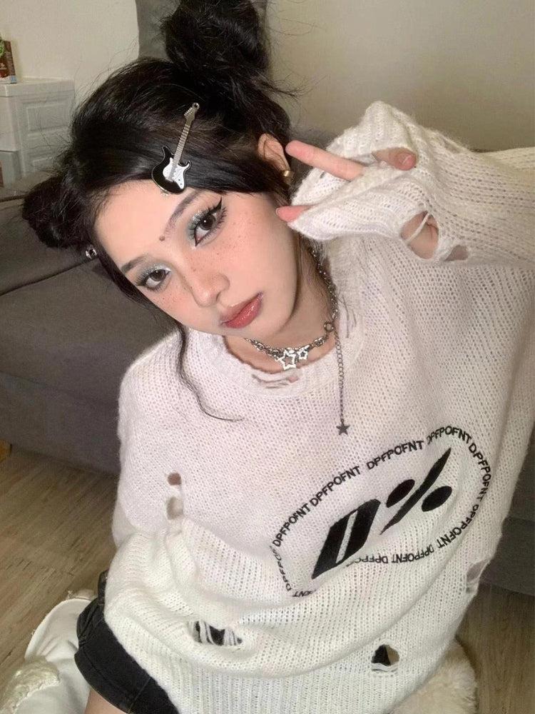 Stylish Work Outfits, Outfit Summer Ideas Y2K Grunge Distressed Knitted Sweater Stylish Work Outfits, Outfit Summer Ideas Y2K Grunge Distressed Knitted Sweater