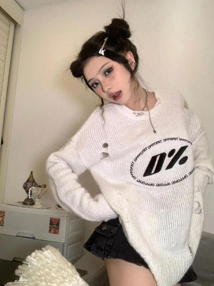 Stylish Work Outfits, Outfit Summer Ideas Y2K Grunge Distressed Knitted Sweater Stylish Work Outfits, Outfit Summer Ideas Y2K Grunge Distressed Knitted Sweater
