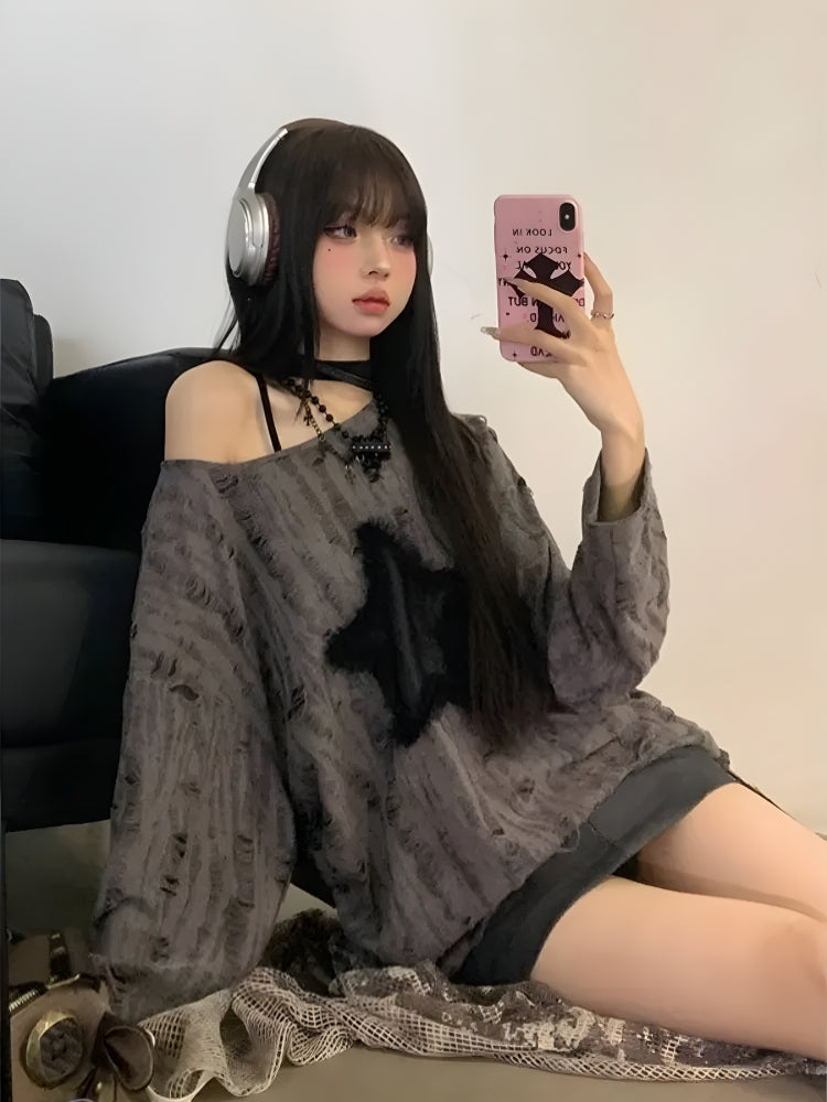 Stylish Work Outfits, Outfit Summer Ideas Y2K Grunge Star Distressed Sweater Stylish Work Outfits, Outfit Summer Ideas Y2K Grunge Star Distressed Sweater